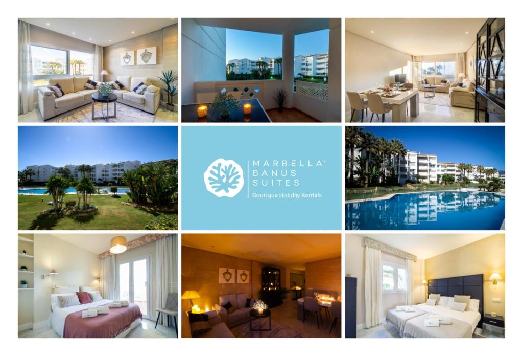 un collage de fotos de una habitación de hotel en MARBELLA BANUS SUITES - Banus Playa Rocio Direct Sea Access en Marbella