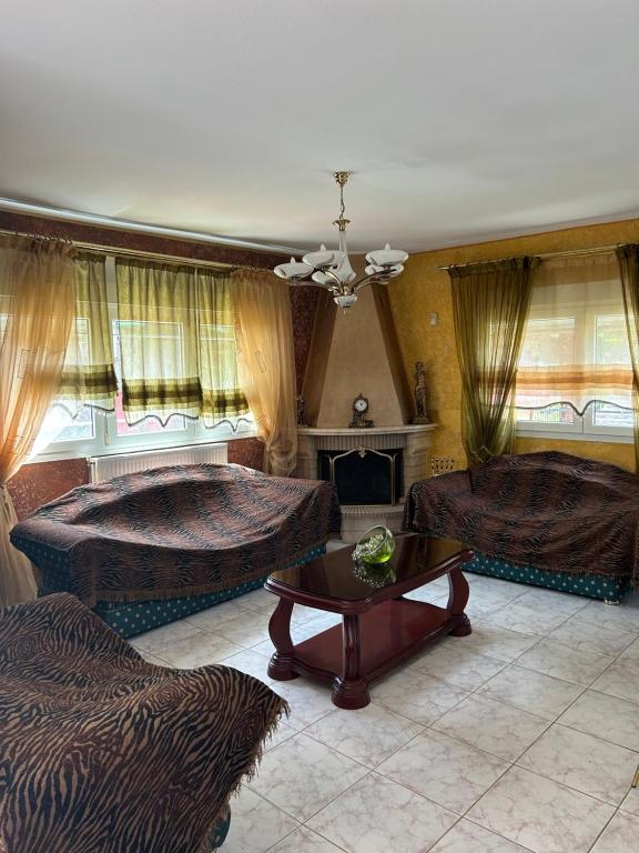 a living room with two beds and a table at Villa in Ptolemaida 