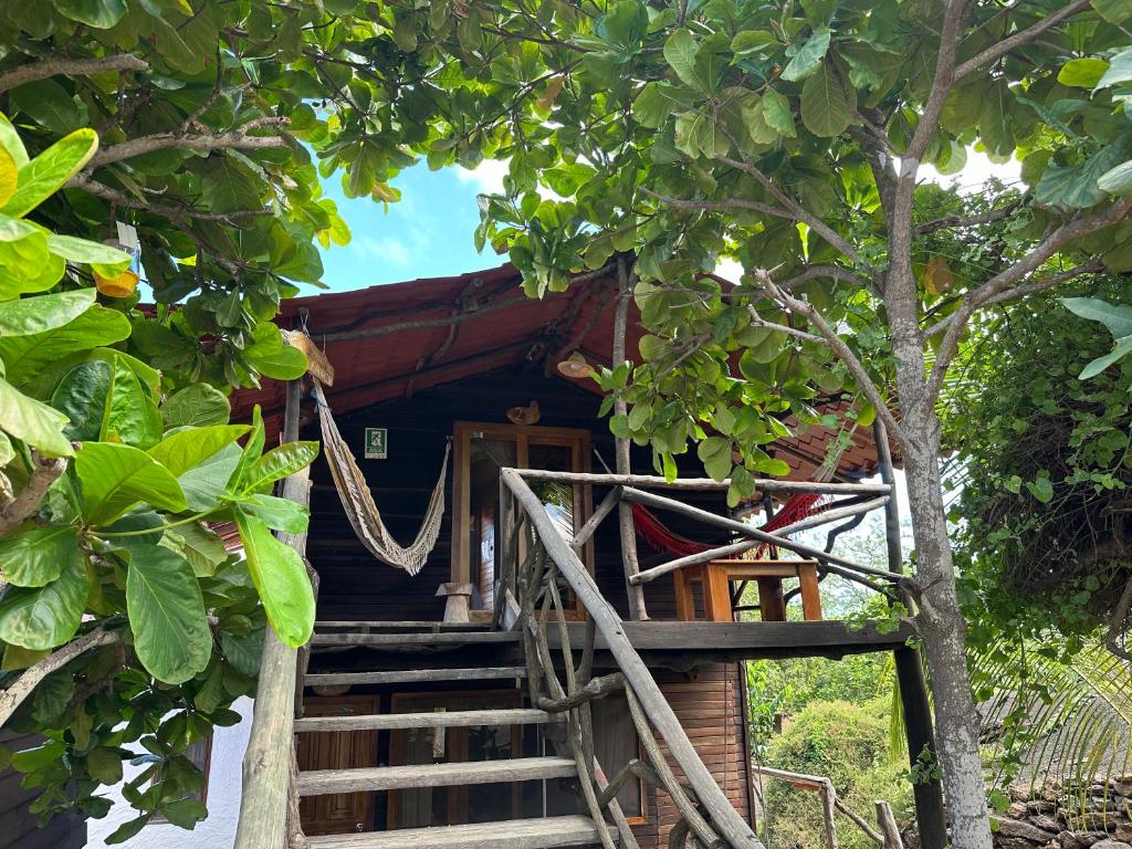 a house with stairs leading up to it through a tree at El Pajas in Puerto Velasco Ibarra