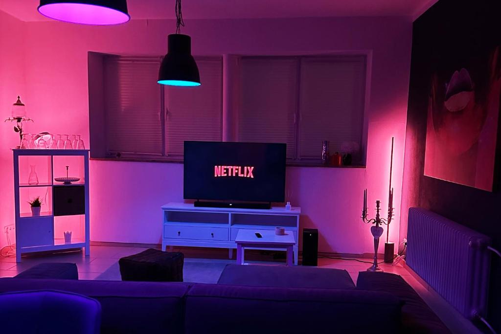 a living room with a couch and a tv at Designer Loft City Center, Secured parking, cozy Apartment, Adenau Nürburgring in Adenau