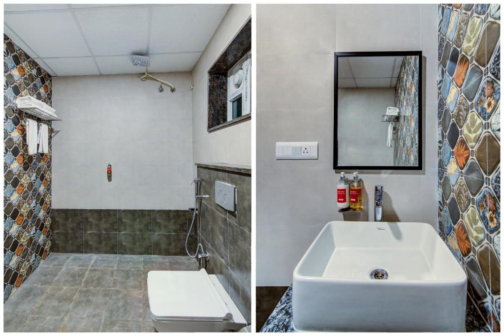 - deux photos d'une salle de bains avec lavabo et toilettes dans l'établissement Hotel Prince Palace, à Chacka