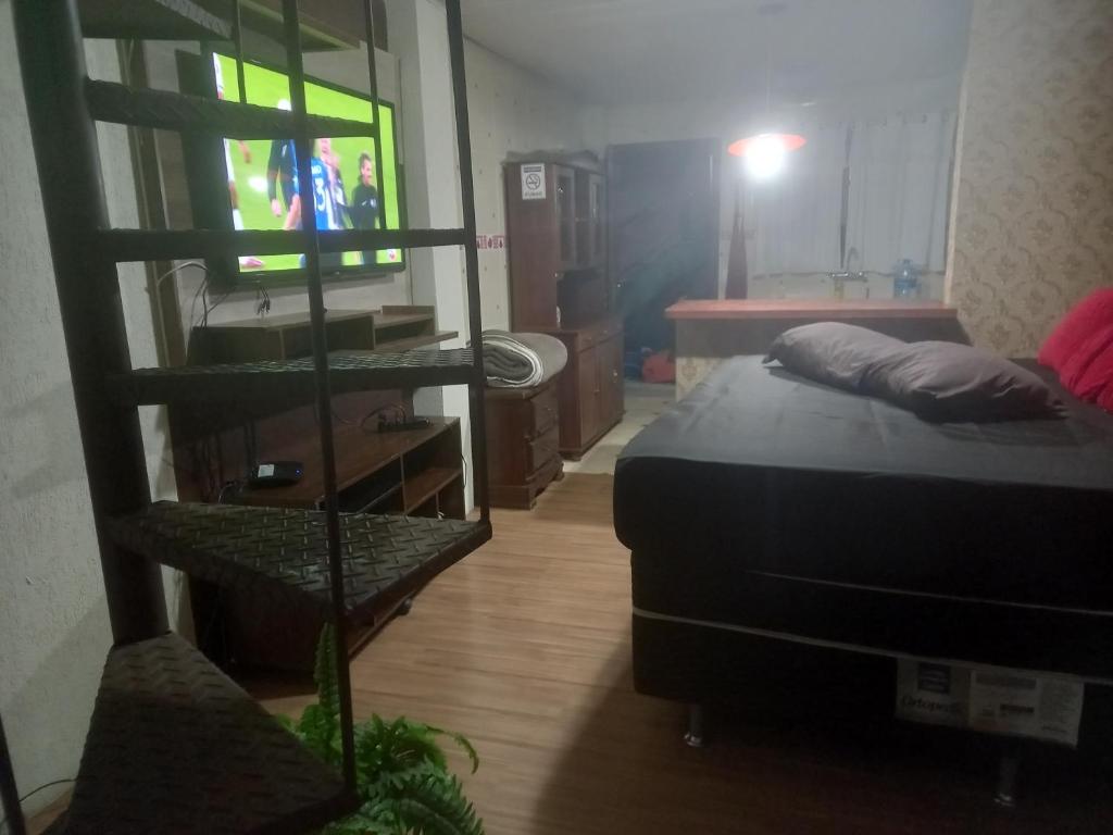 um quarto com uma cama, uma televisão e uma casa de banho em Suites Cabanas e chalés 4 km do baden baden em Campos do Jordão