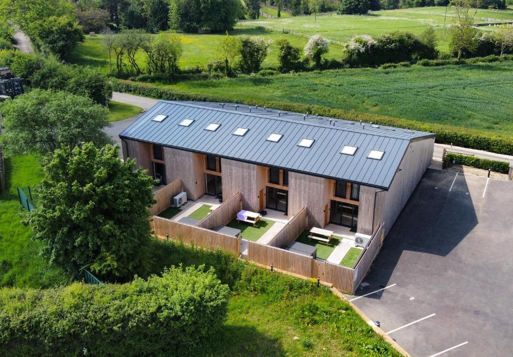 an overhead view of a house with a solar roof at Bears Court in Cheltenham