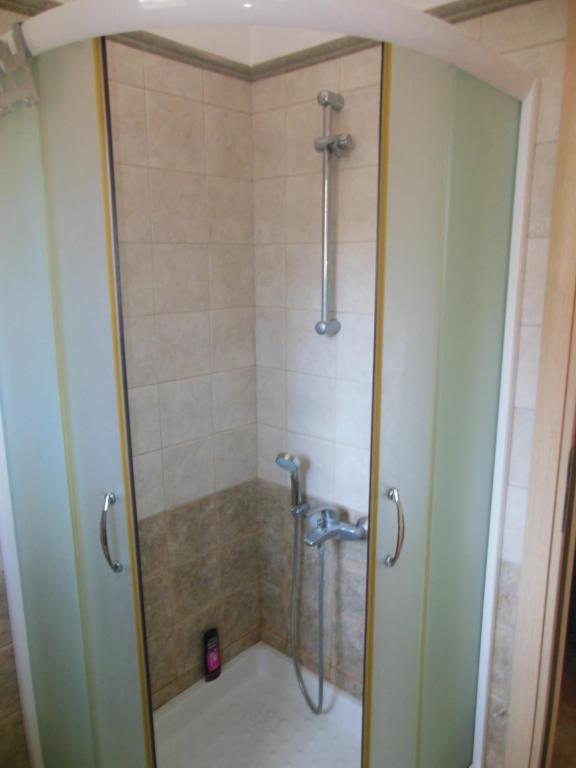 um chuveiro numa casa de banho com uma porta de vidro em Sunset Apartments em Evdilos