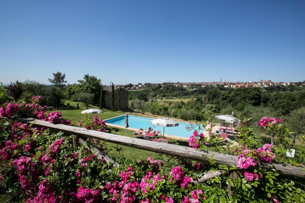 - une vue sur la piscine ornée de fleurs roses dans l'établissement Podere La Strega, à Sienne