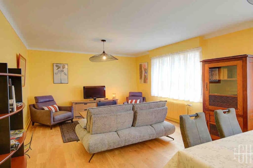 un salon avec un canapé, des chaises et une télévision dans l'établissement Le Jasmin / Proche Gare, à Tours