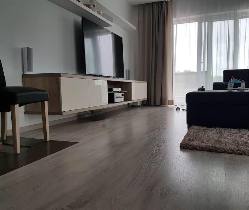 un soggiorno con TV a schermo piatto e divano di Family House a Mlynský Sek