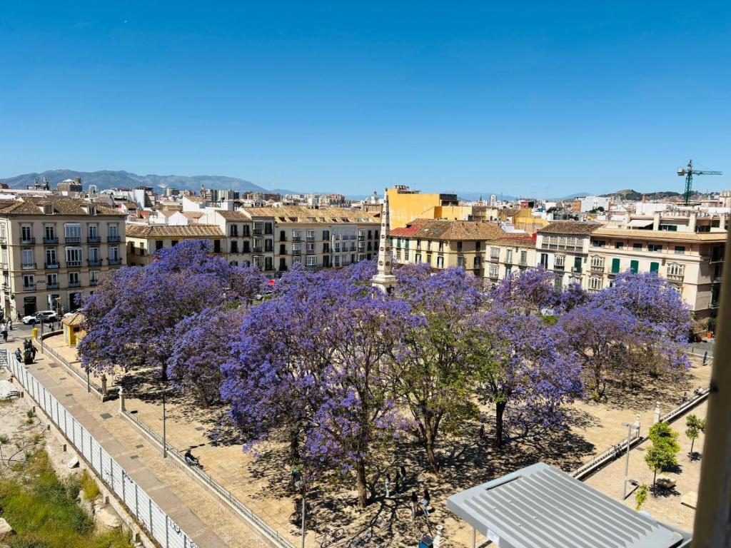 uma cidade com árvores roxas em frente a edifícios em Apartamentos Alcazaba em Málaga