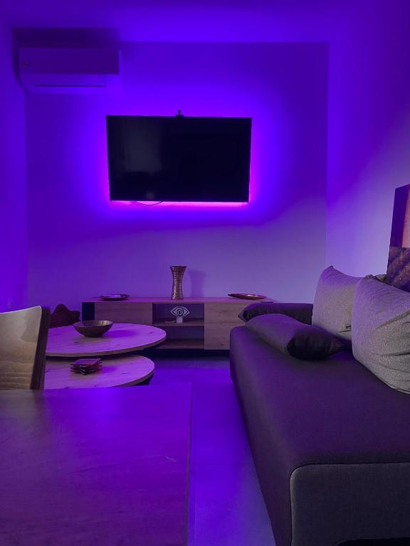 a purple room with a couch and a tv at Adams Apartments in Skala Rachoniou