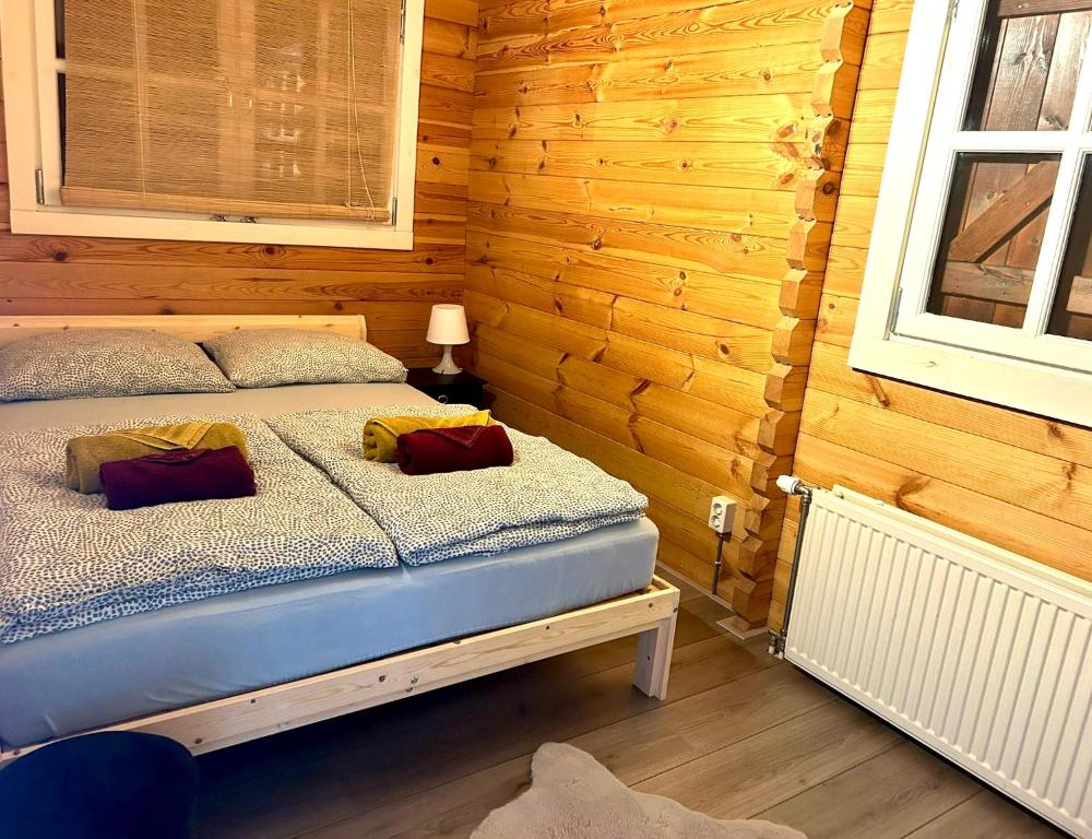 een slaapkamer met een bed met 2 kussens erop bij Buddha style family house & jacuzzi & sauna near Amsterdam in Vijfhuizen