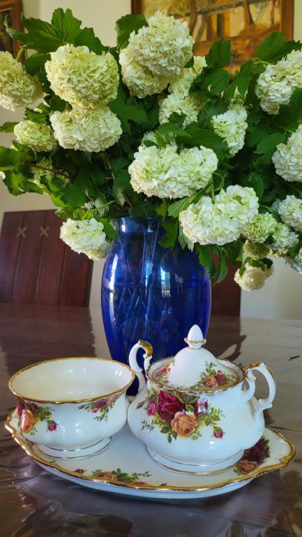 un vaso blu con fiori bianchi e un servizio da tè su un tavolo di Gyömbér Tanya a Ásotthalom