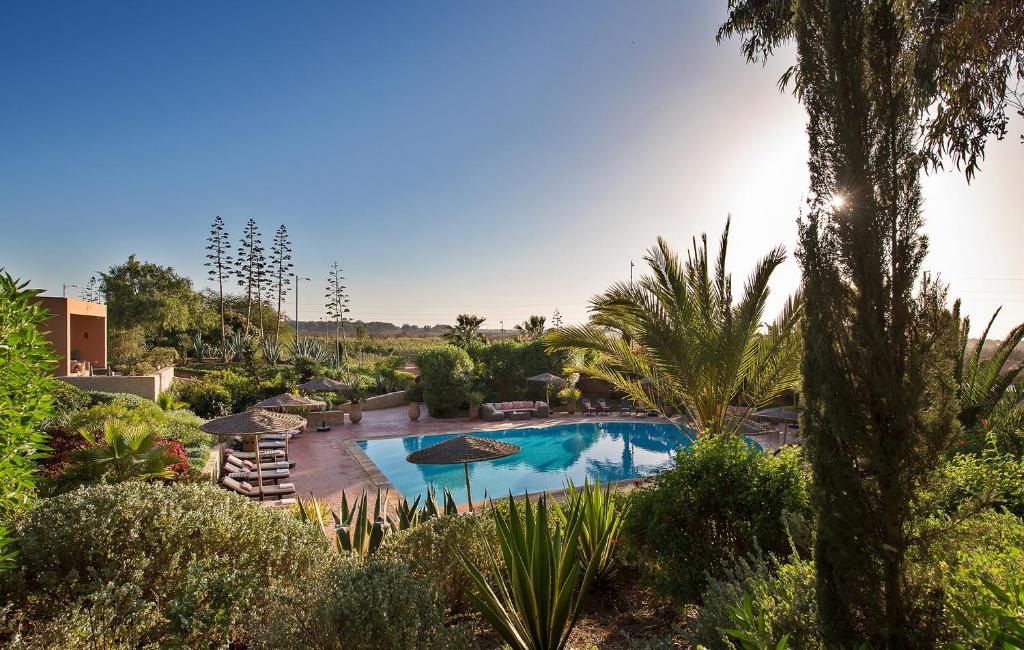 une piscine dans un jardin planté d'arbres et de plantes dans l'établissement Dar Maktoub, à Agadir