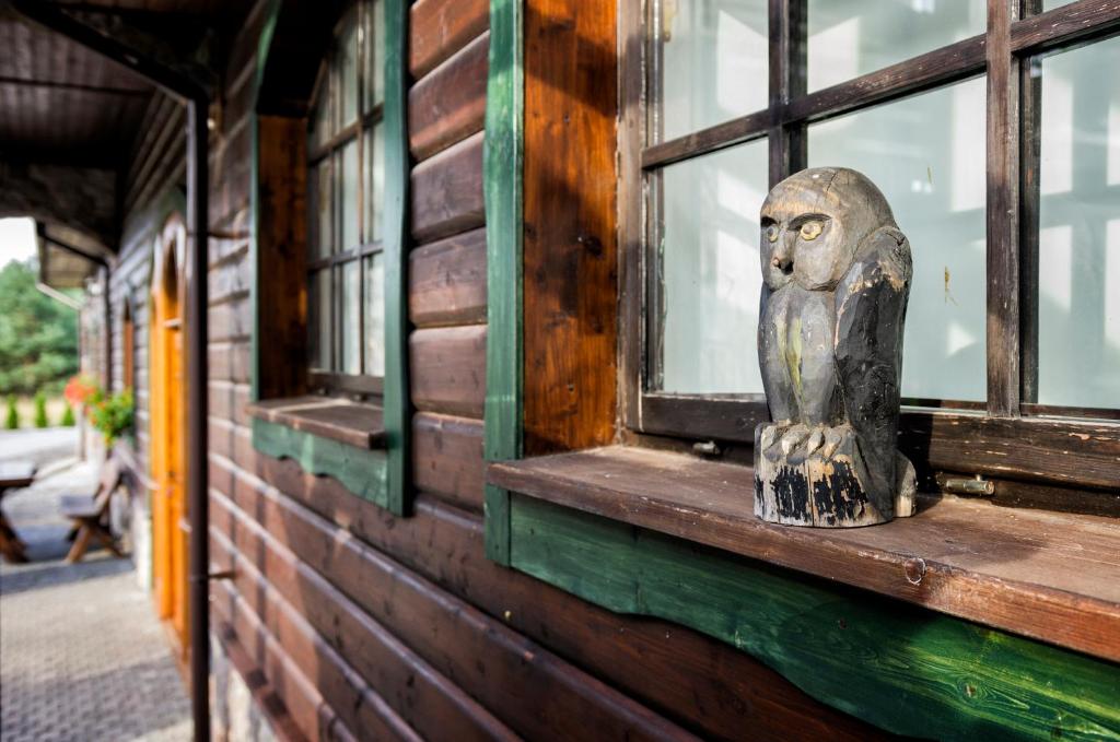 Weathered cabin exterior showing carved wooden owl statue on window sill and green trim.