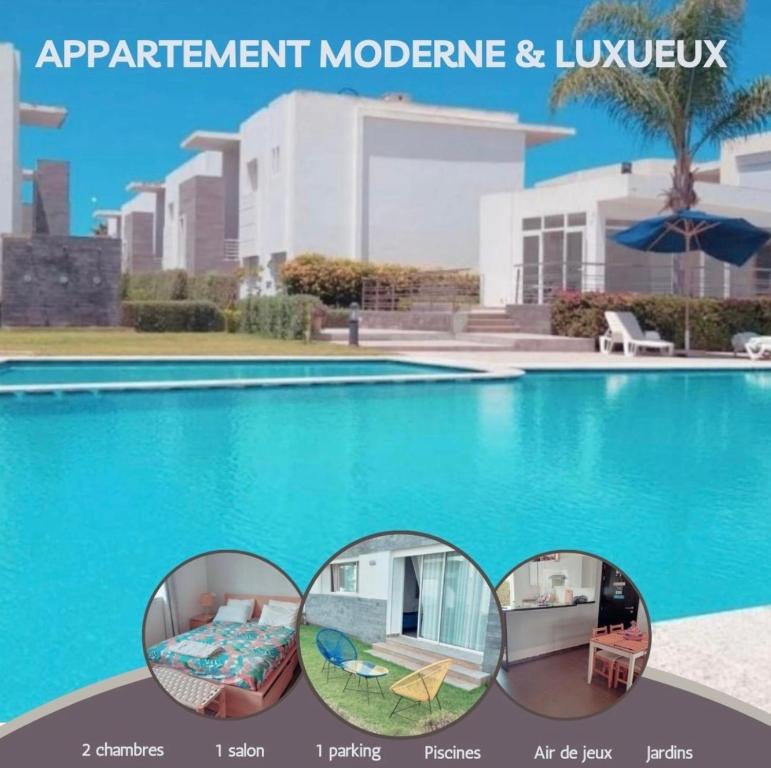 vista su una piscina con due specchi di Appartement luxueux et moderne à sidi Rehal a Dar Hamida