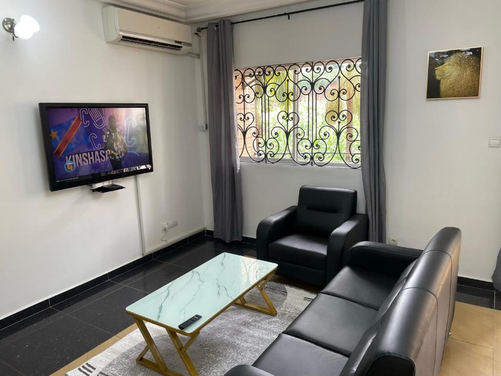 ein Wohnzimmer mit einem Sofa und einem TV in der Unterkunft Appart meublé haut standing, WIFI, TV - Yaoundé, Omnisports in Jaunde