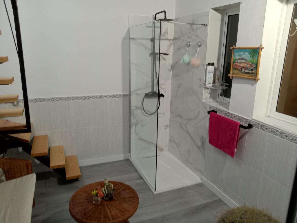 a bathroom with a shower with a red towel at Christian in Cruce de Arinaga