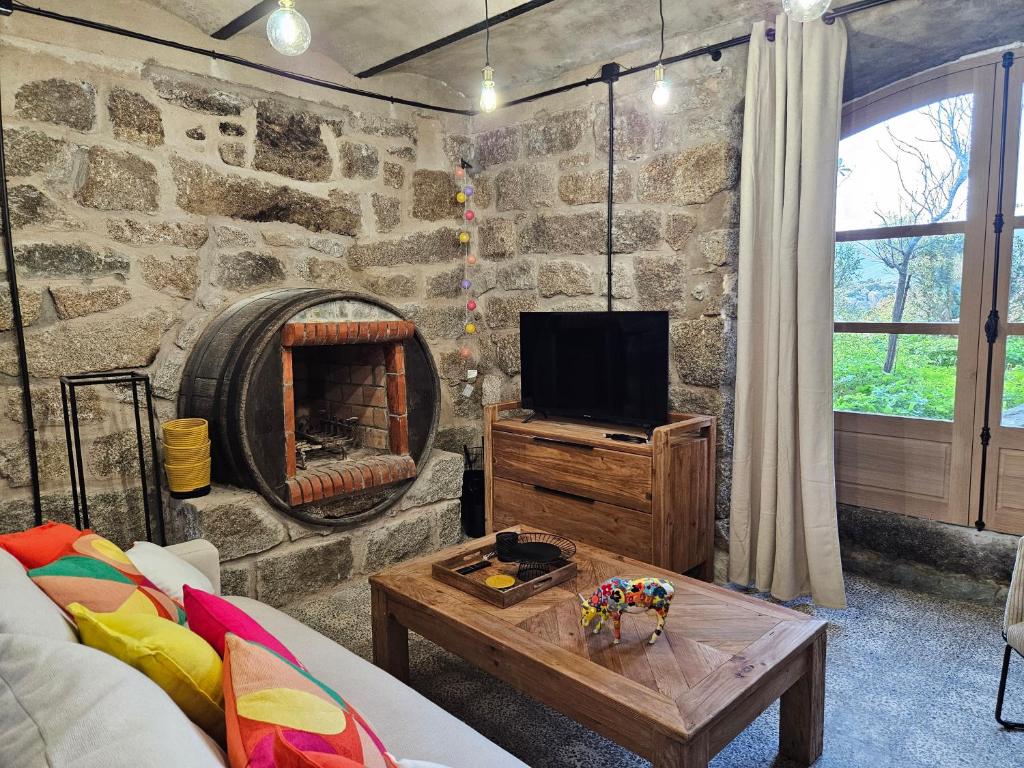 un salon avec une télévision et un mur en pierre dans l'établissement Ancienne cave à vin rénovée, à Pianottoli-Caldarello