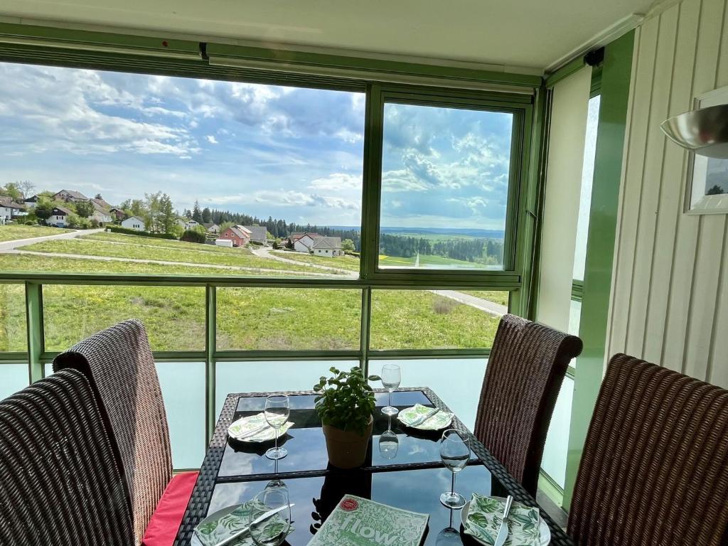 Dittishausen的住宿－Apartment B 94 by Interhome，一张带椅子的餐桌,从窗户可欣赏到美景