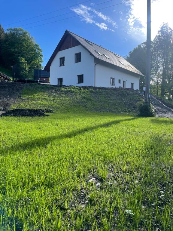 Biały dom na szczycie trawiastego wzgórza w obiekcie Apartmány U Zajíců w mieście Karlov