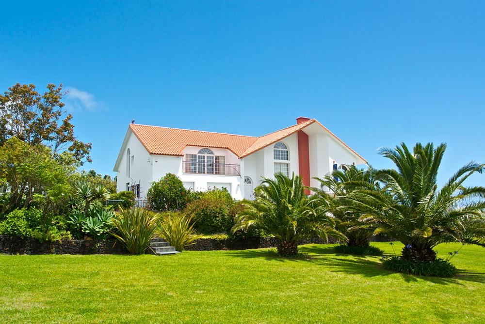 a white house with palm trees in a yard at Lobo do Mar in Ponta Garça