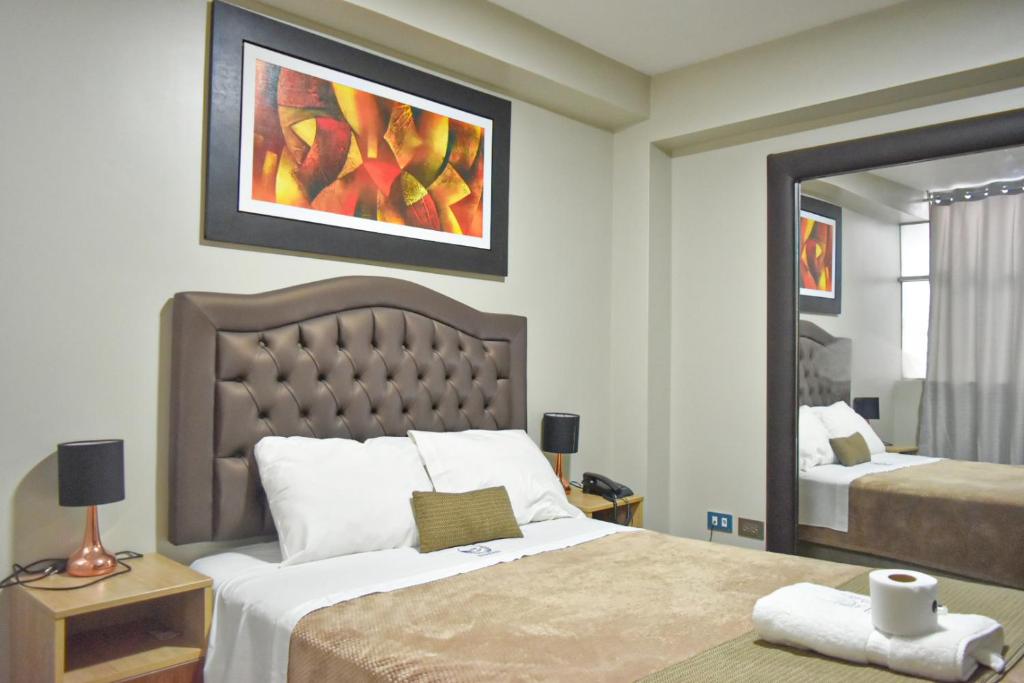 瓦努科的住宿－Hotel San Francisco，卧室的 ⁇ 染,卧室配有一张床和镜子