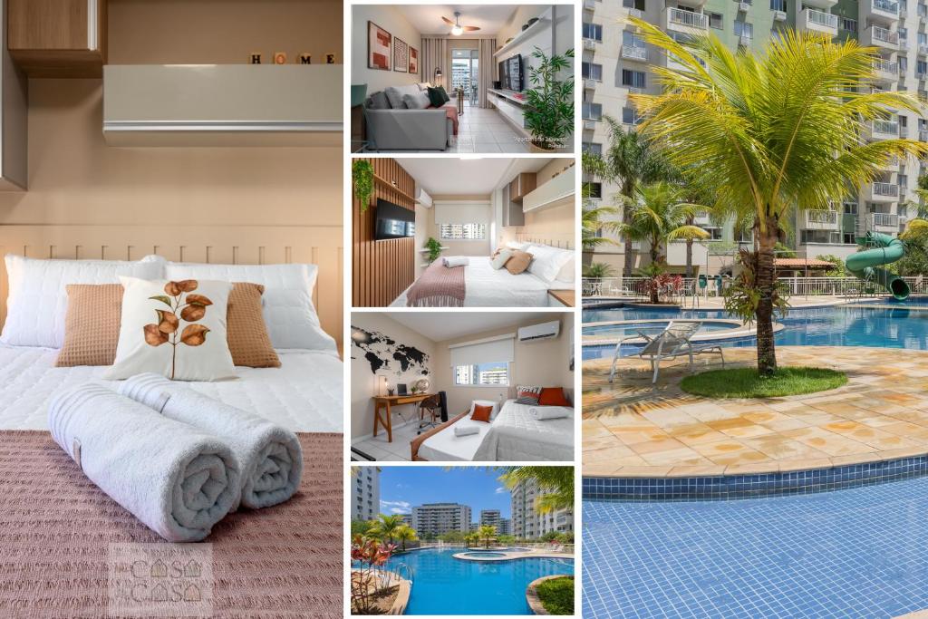 uma colagem de fotografias de um hotel com piscina em 2 QUARTOS a 200m RIOCENTRO em CONDOMINIO com PISCINA, Estacionamento e Portaria 24h - Area de LAZER tambem para CRIANCAS - Wi-Fi 120mbps e Cozinha Completa no Rio de Janeiro