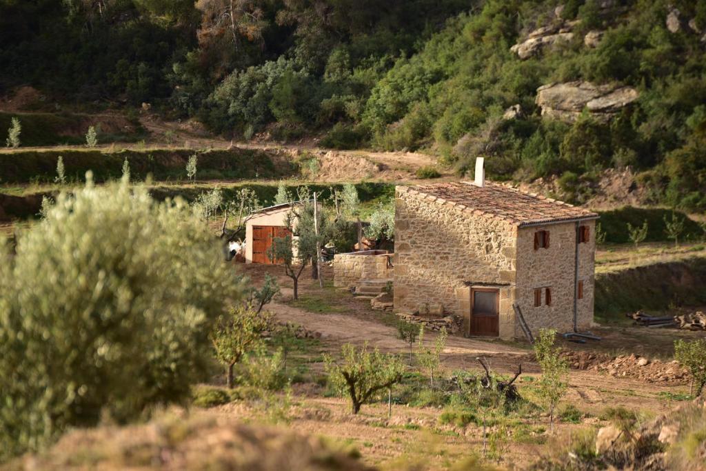 un pequeño edificio de piedra en un campo junto a una montaña en Casa La Rabosa Maella Aragon, en Maella