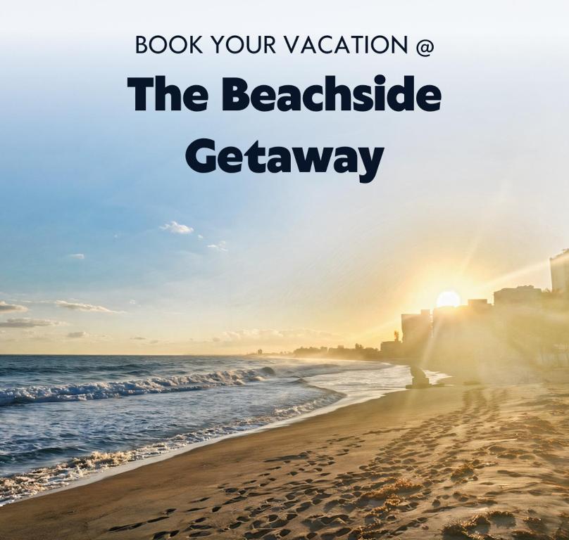 a beach with the words book your vacation the beachside getaway at Gorgeous 1-Bedroom Beachside Suite in San Juan
