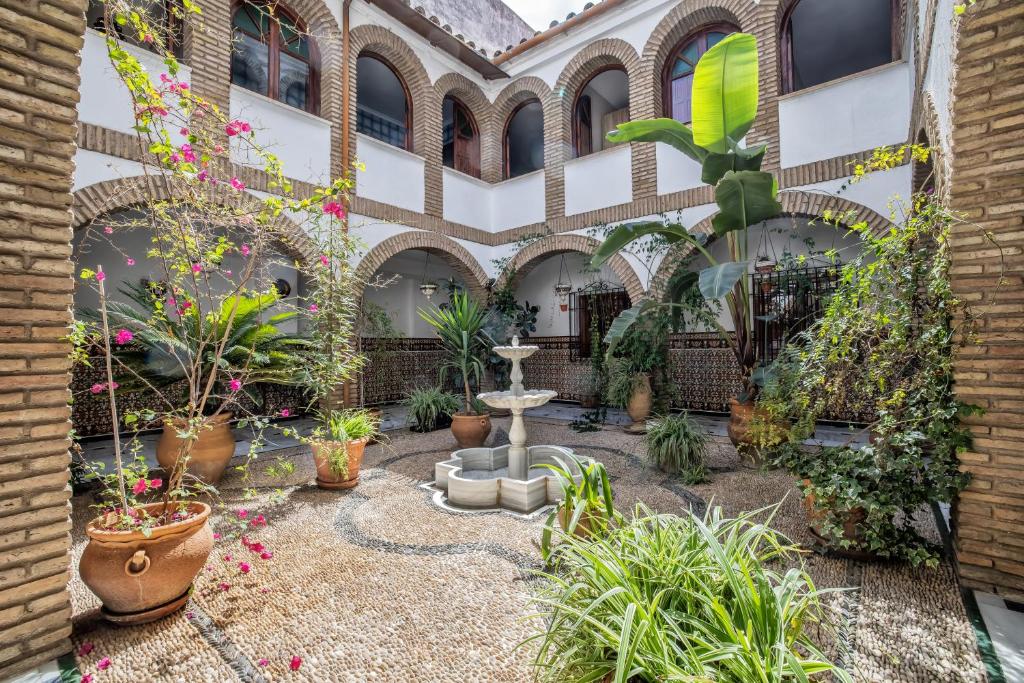 un patio con plantas y una fuente en un edificio en Casa con patio María Auxiliadora, en Córdoba