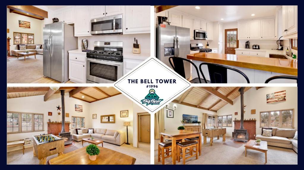 kolaż zdjęć kuchni i salonu w obiekcie 1996-The Bell Tower home w mieście Big Bear City