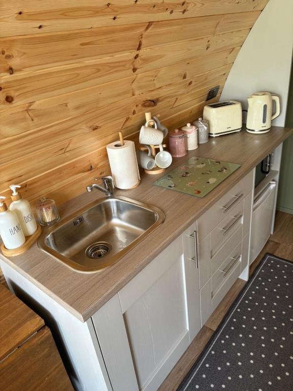 a kitchen with a sink in a tiny house at Knockmany View Glamping in Augher
