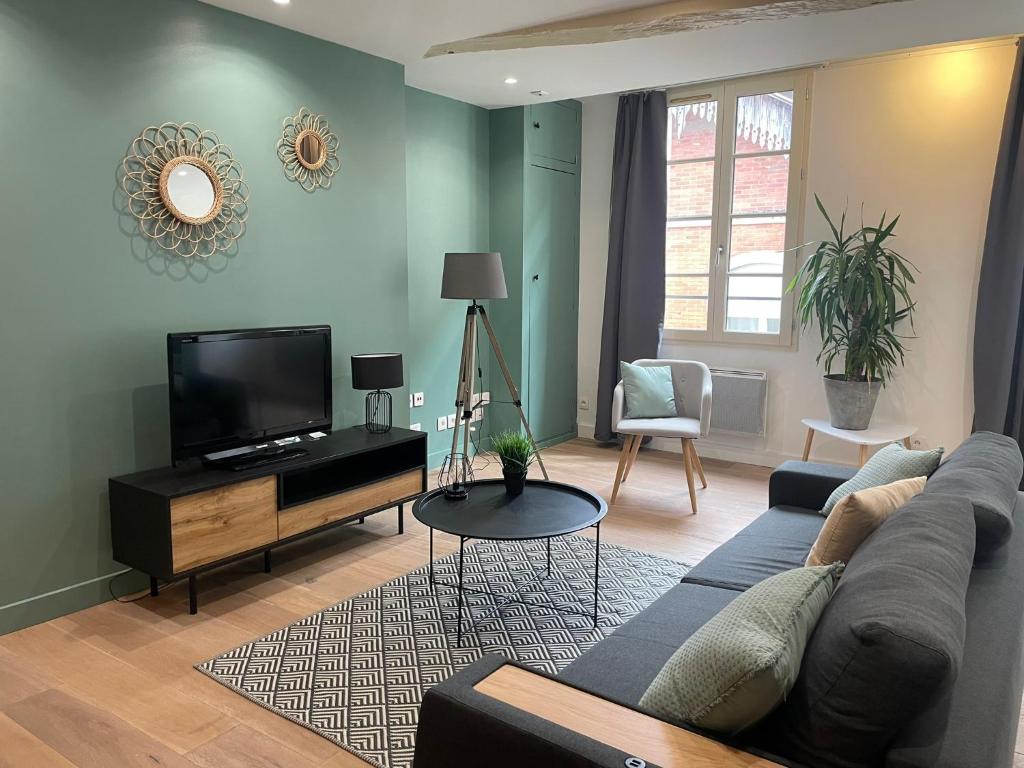 un salon avec un canapé et une télévision dans l'établissement Appartement Cosy - Coeur de ville, à Agen