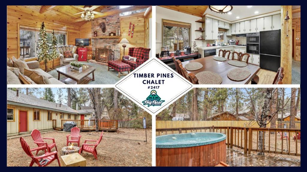 uma colagem de quatro fotos de uma casa com uma cozinha e uma casa em 2417-Timber Pines Chalet cabin em Big Bear Lake