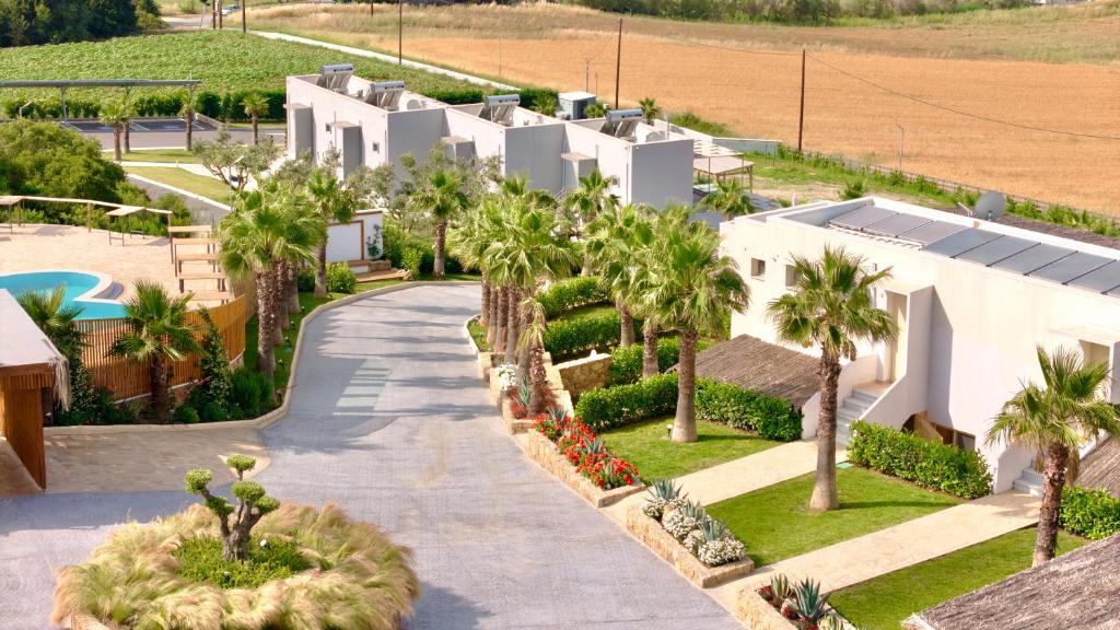 an aerial view of a house with palm trees and a driveway at SANIMAR By Mono Alex in Kassandra