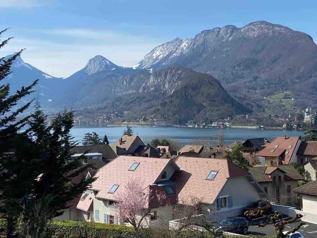 a town with a lake and mountains in the background at Appartement Duplex vue lac et montagne à Talloires in Talloires