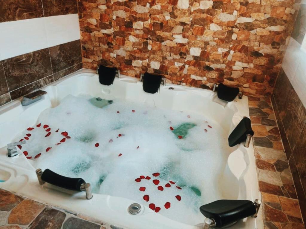 a bath tub filled with red hearts in a bathroom at HOTEL REAL DEL VALLE in Valledupar
