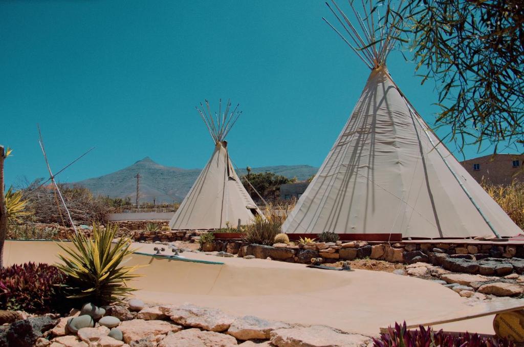 two teepees in a garden with mountains in the background at Teepee Barranco in Tindaya