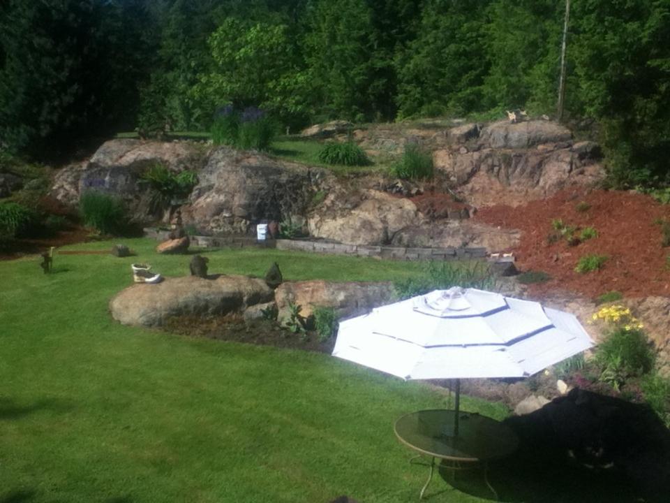 a white umbrella in a field with some animals at Beaver Hut Bed And Breakfast in Port Alberni