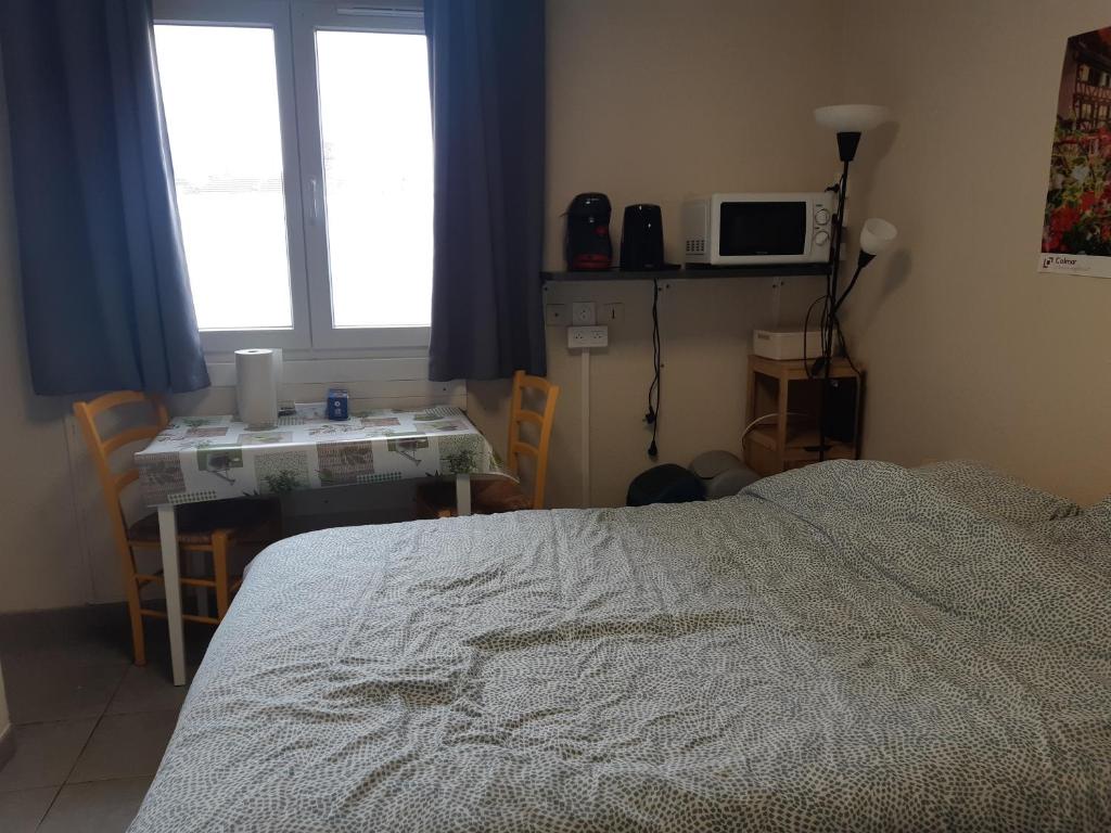 um quarto com uma cama, uma mesa e um micro-ondas em Gîte de Bénédicte Fribourg em Colmar