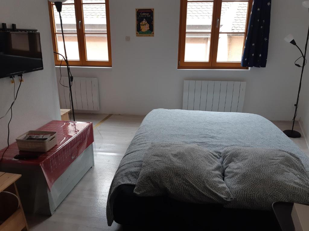 a bedroom with a bed and a flat screen tv at Gite de Bénédicte Mouton in Colmar