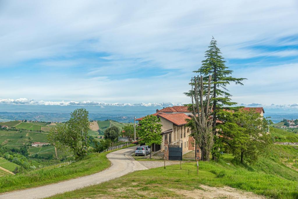 a house on a hill with a tree next to a road at Serra Alta Langa Holiday Home in Trezzo Tinella