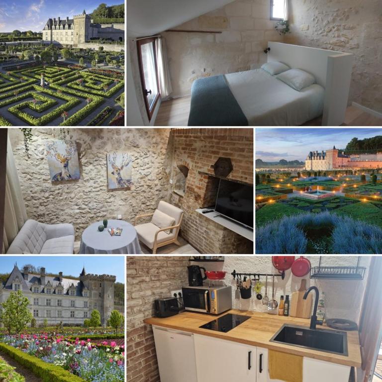 un collage de photos d'une chambre d'hôtel avec vue dans l'établissement Villandry centre Appartement duplex entièrement rénové, au calme, à Villandry
