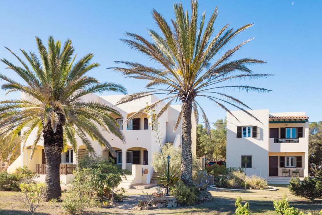 a villa with two palm trees in front of it at Apartamentos Verde Mar in Es Pujols