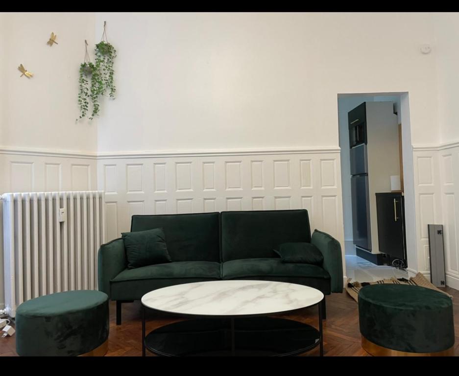 un salon avec un canapé vert et une table dans l'établissement Spacieux Studio * Hyper Centre *, à Orléans