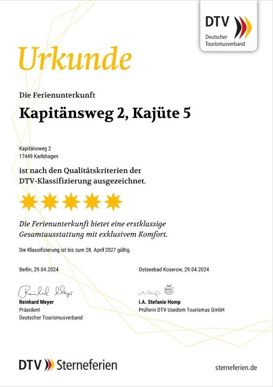 Certifikát, hodnocení, plakát nebo jiný dokument vystavený v ubytování Kapitaensweg 2 Kajuete 05