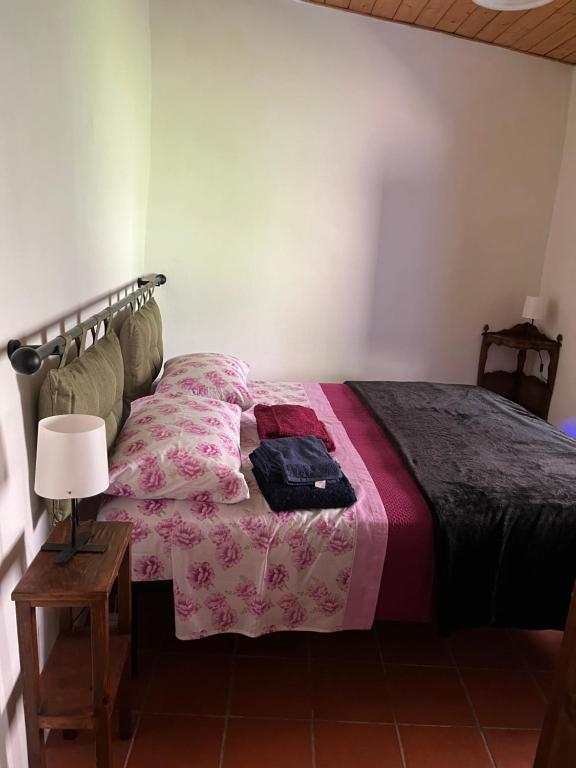 a bedroom with a bed with a blanket and a lamp at Borgo Il Monzone in Castel dʼAiano