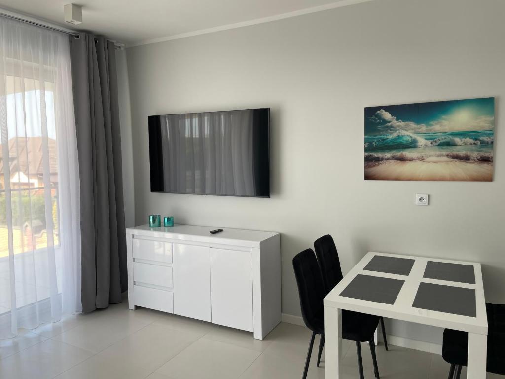 Televízia a/alebo spoločenská miestnosť v ubytovaní Apartamenty AQUA MAZURY