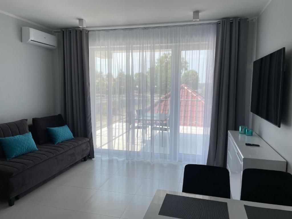 Televízia a/alebo spoločenská miestnosť v ubytovaní Apartamenty AQUA MAZURY