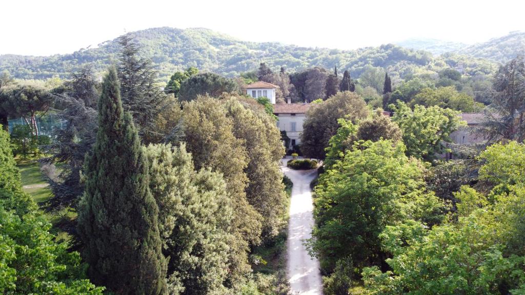 a road through a forest with a house in the background at La dimora dell'artista in Ponte Pattoli