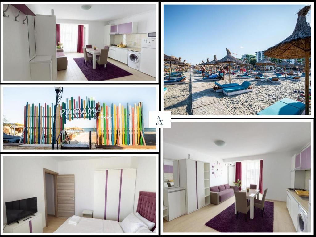 uma colagem de quatro fotos de uma praia em Papaya Apartment on the Seafront em Mamaia Nord – Năvodari